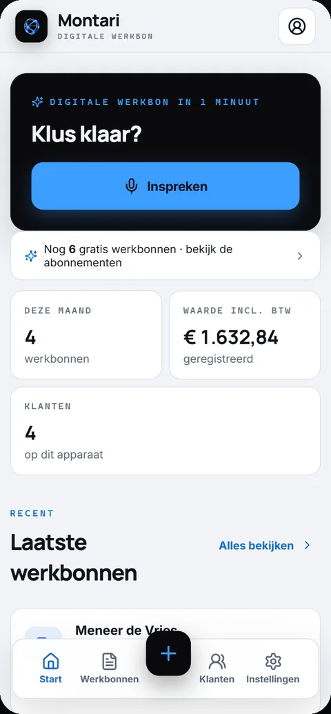 Startscherm van de Montari werkbon-app